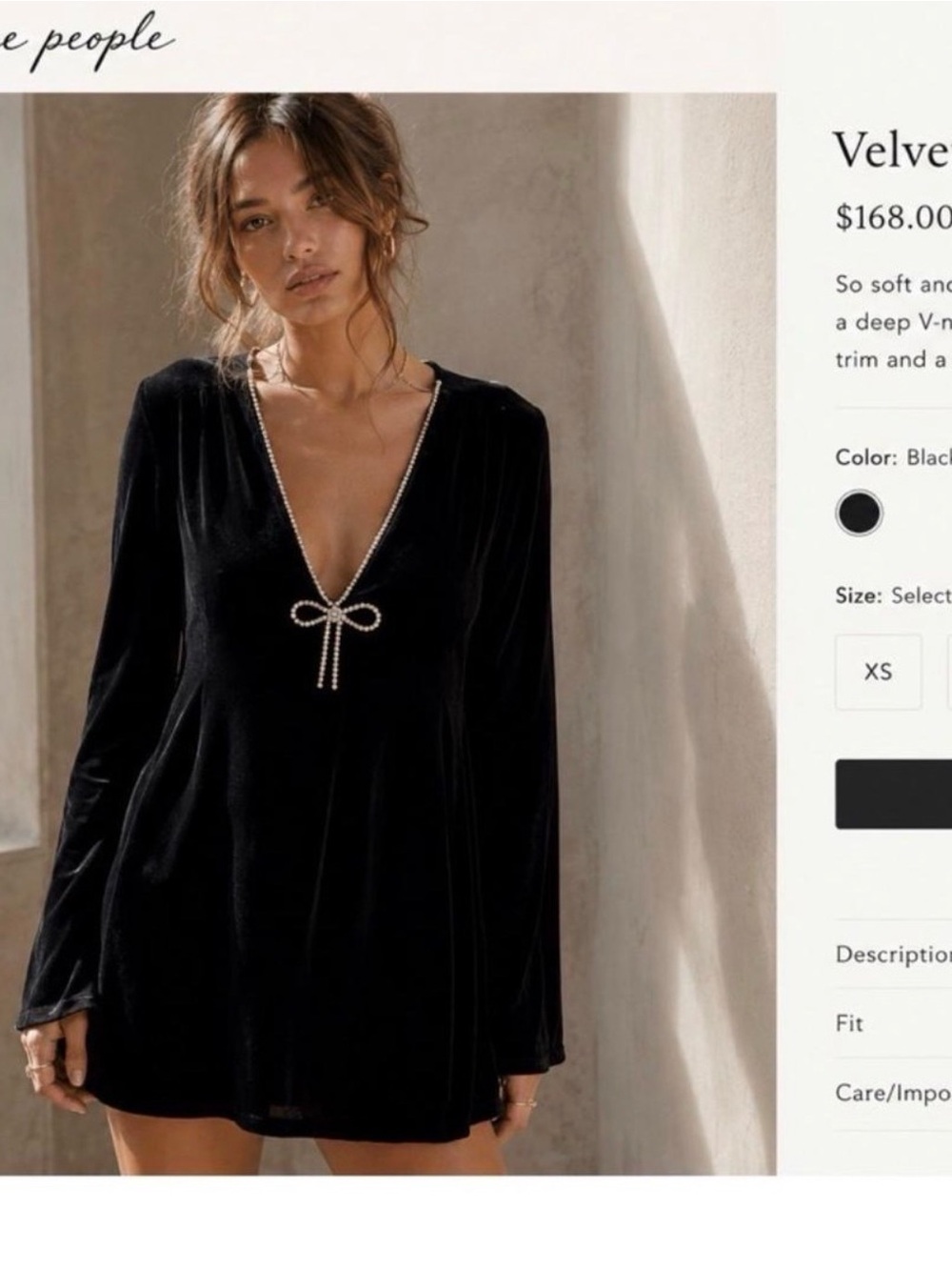 Free People Black Velvet Deep V Bow-Trim Tunic Nightdress